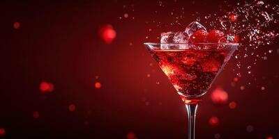 Refreshing cocktail with cherries and ice splashes on a bold red background photo
