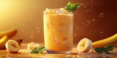 Refreshing tropical smoothie with banana and mint garnished on a wooden table in a warm setting photo