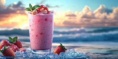 Refreshing strawberry smoothie by the beach during sunset with waves in the background photo