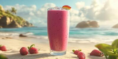 Refreshing berry smoothie served on beach sand with ocean view during sunny day photo