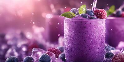 Refreshing purple smoothie with berries served in a chilled glass surrounded by ice cubes at a vibrant setting photo