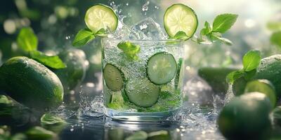 Refreshing cucumber mint beverage surrounded by fresh ingredients in a vibrant outdoor setting photo