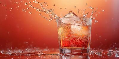 Refreshing drink splashing in a glass with vibrant orange background photo