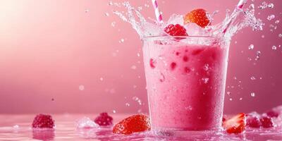 Raspberry smoothie splashes in a glass surrounded by fresh berries on a pink surface photo