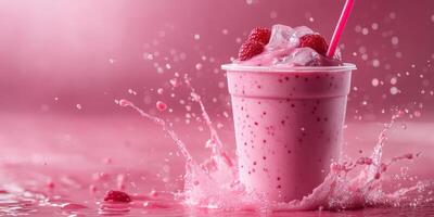 Refreshing raspberry smoothie splashing in vibrant pink surroundings during a summer afternoon photo