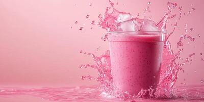 Bright pink smoothie splashes in a glass against a pink backdrop with ice cubes and droplets of water photo