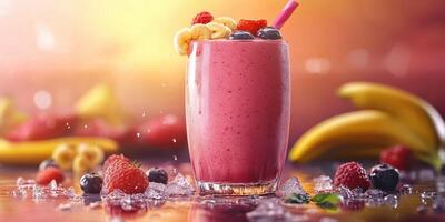 Refreshing smoothie made with berries and bananas served in a glass with colorful fruits on a vibrant background photo