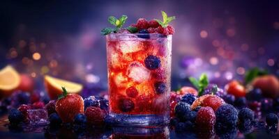 Berry cocktail served in a glass surrounded by fresh fruits and ice at a vibrant party setting photo