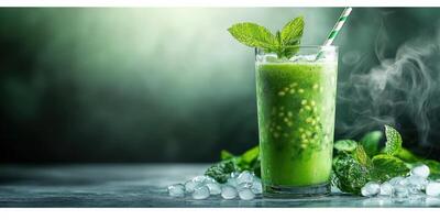 Refreshing green mint drink served over ice with fresh mint leaves and a striped straw in a dimly lit setting photo