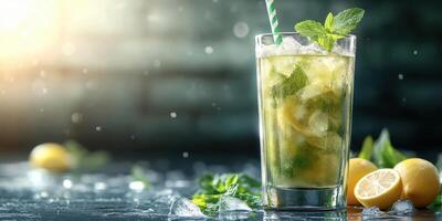 Refreshing mojito cocktail with mint and lemon garnishes served on a dark wood table photo