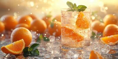 Refreshing citrus drink garnished with mint surrounded by fresh oranges and ice in a bright setting photo