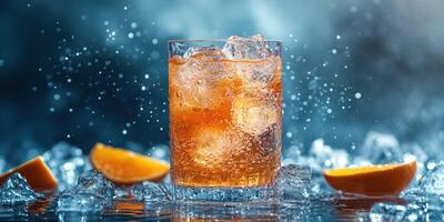 Refreshing drink with ice and orange slices served in a glass on a cool summer day photo