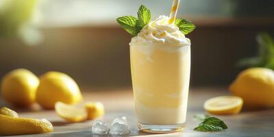 Refreshing lemon shake with mint and whipped cream served in a tall glass with ice and fresh lemons on the side photo
