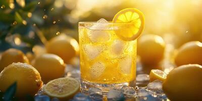 Refreshing citrus drink with ice and lemon slices on a sunny day photo