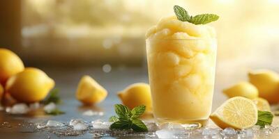Refreshing lemon sorbet served in a glass with fresh mint leaves in bright sunlight photo