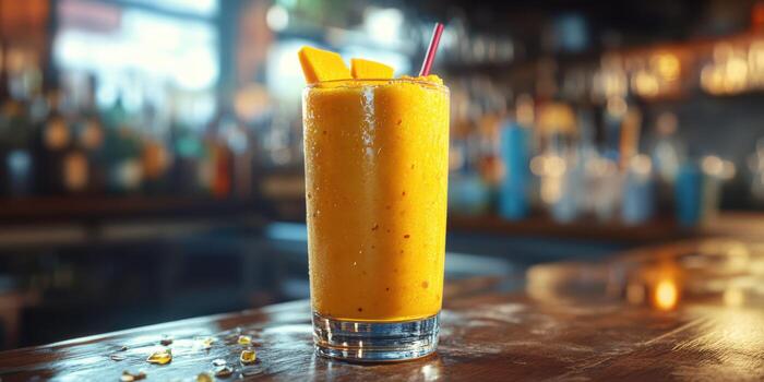 Refreshing mango smoothie served in a tall glass at a lively bar during the summer afternoon photo