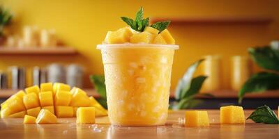 Refreshing mango smoothie served in a clear cup with fresh fruit and mint leaves on a wooden table photo