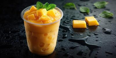 Refreshing mango smoothie served in a clear cup garnished with mint leaves and diced mango on a sleek dark surface photo