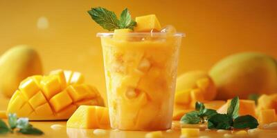 Refreshing mango smoothie with fresh mango cubes and mint leaves on a vibrant orange background photo