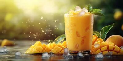 Refreshing mango smoothie with ice served in a glass surrounded by fresh mango chunks in a sunny outdoor setting photo