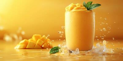 Refreshing mango smoothie garnished with mint on a vibrant golden background photo