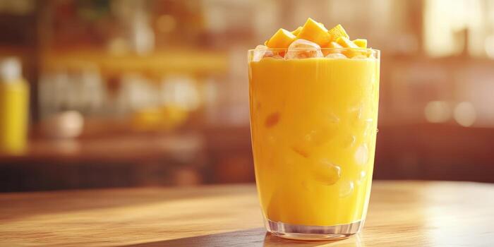 Refreshing mango smoothie served in a tall glass against a bright background in a cozy cafe during sunny afternoon photo