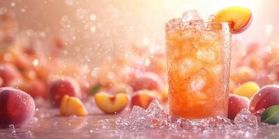 Refreshing peach beverage with ice and fruit surrounded by fresh peaches photo