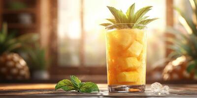 Refreshing tropical drink with ice and fresh pineapple on a sunny afternoon in a cozy kitchen setting photo