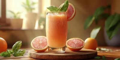 Refreshing grapefruit basil drink served with fresh fruit on a wooden surface in a bright indoor setting photo