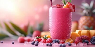 Refreshing berry smoothie with vibrant fruits and tropical decor for a summer beverage photo
