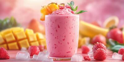 Refreshing fruit smoothie with vibrant colors and fresh ingredients displayed on a summer-themed table photo