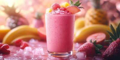 Refreshing berry smoothie topped with tropical fruits on a vibrant background photo