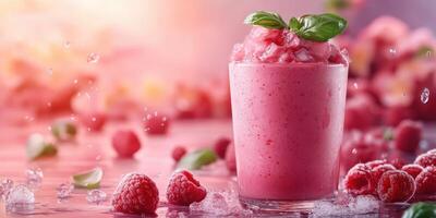 Refreshing raspberry smoothie served in a glass with fresh berries and mint in a summer setting photo