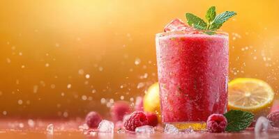 Refreshing raspberry lemonade served in a tall glass with mint leaves and ice during a warm summer afternoon photo