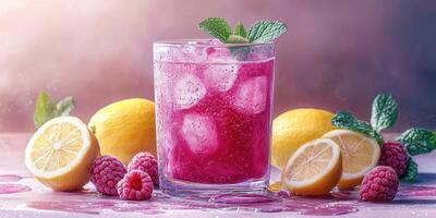 Refreshing raspberry lemonade with mint leaves and fresh lemons arranged on a bright surface photo