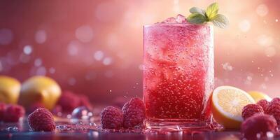 Refreshing raspberry lemonade served in a glass with mint leaves and lemon wedges in a bright setting photo