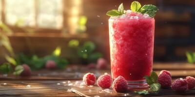 Refreshing raspberry mint slush drink in a rustic setting with natural light photo