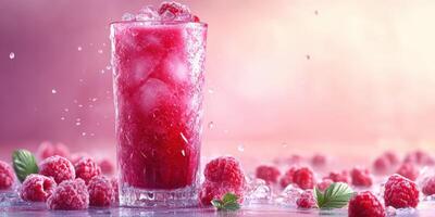 Refreshing raspberry drink with ice in a stylish glass surrounded by fresh raspberries photo