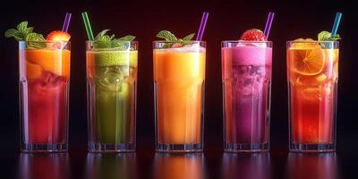 Bright and colorful assortment of refreshing summer beverages displayed on a dark background photo