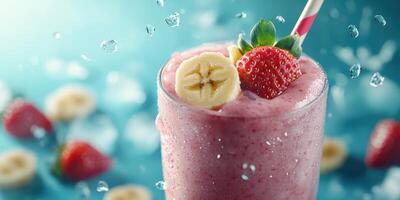 Refreshing fruit smoothie with strawberries and banana served in a chilled glass on a vibrant background photo