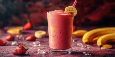 Refreshing fruit smoothie with strawberries and bananas on a dark background photo