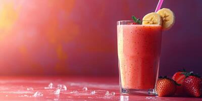 Refreshing fruit smoothie with strawberries and banana served in a tall glass with a colorful background photo