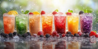 Colorful assortment of refreshing fruit cocktails on a sunny day beside a sparkling water backdrop photo