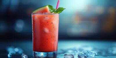 Refreshing summer cocktail garnished with watermelon and mint on a bar countertop photo