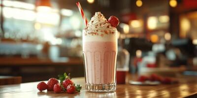 Fresh strawberry milkshake topped with whipped cream served in a cozy cafe during the afternoon photo