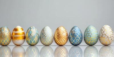 Colorful decorative Easter eggs lined up elegantly on a reflective surface showcasing intricate patterns and vibrant colors photo
