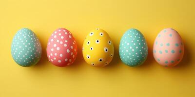 Colorful decorated eggs arranged in a row on a bright yellow background for spring celebrations photo