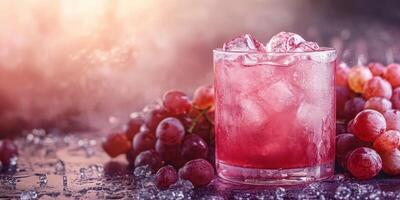Refreshing grape drink served over ice with fresh grapes on a dark table illuminated by soft light photo