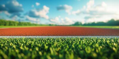 Vibrant running track and green grass under clear sky during daylight photo