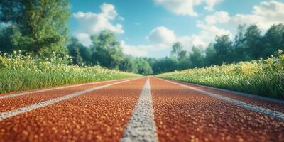 Vibrant running track surrounded by lush greenery on a sunny day photo